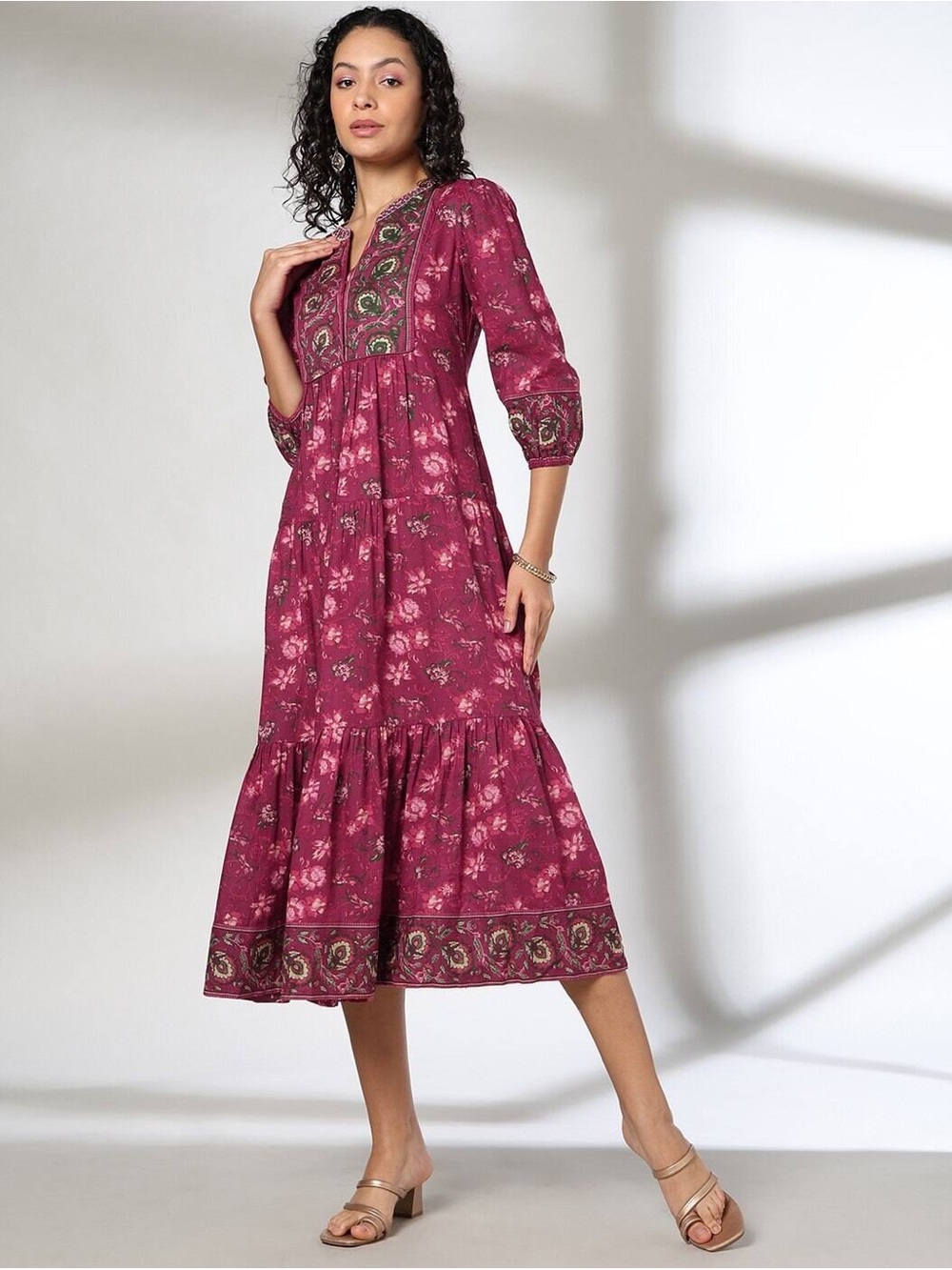 FUSION Women's Floral Embroidered Peasant Red Midi Dress